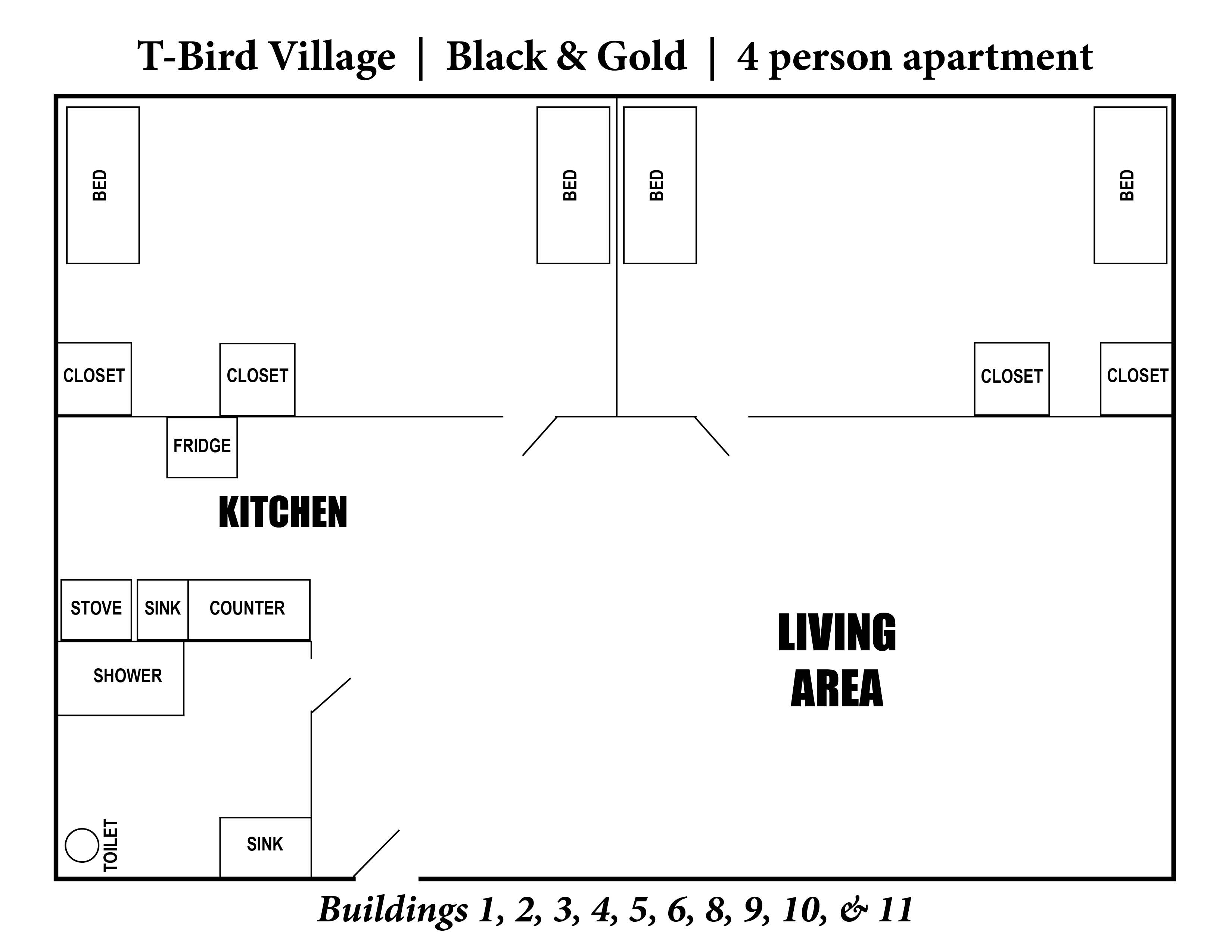 A photo of the layout of T-Bird Village 4 person apartment.